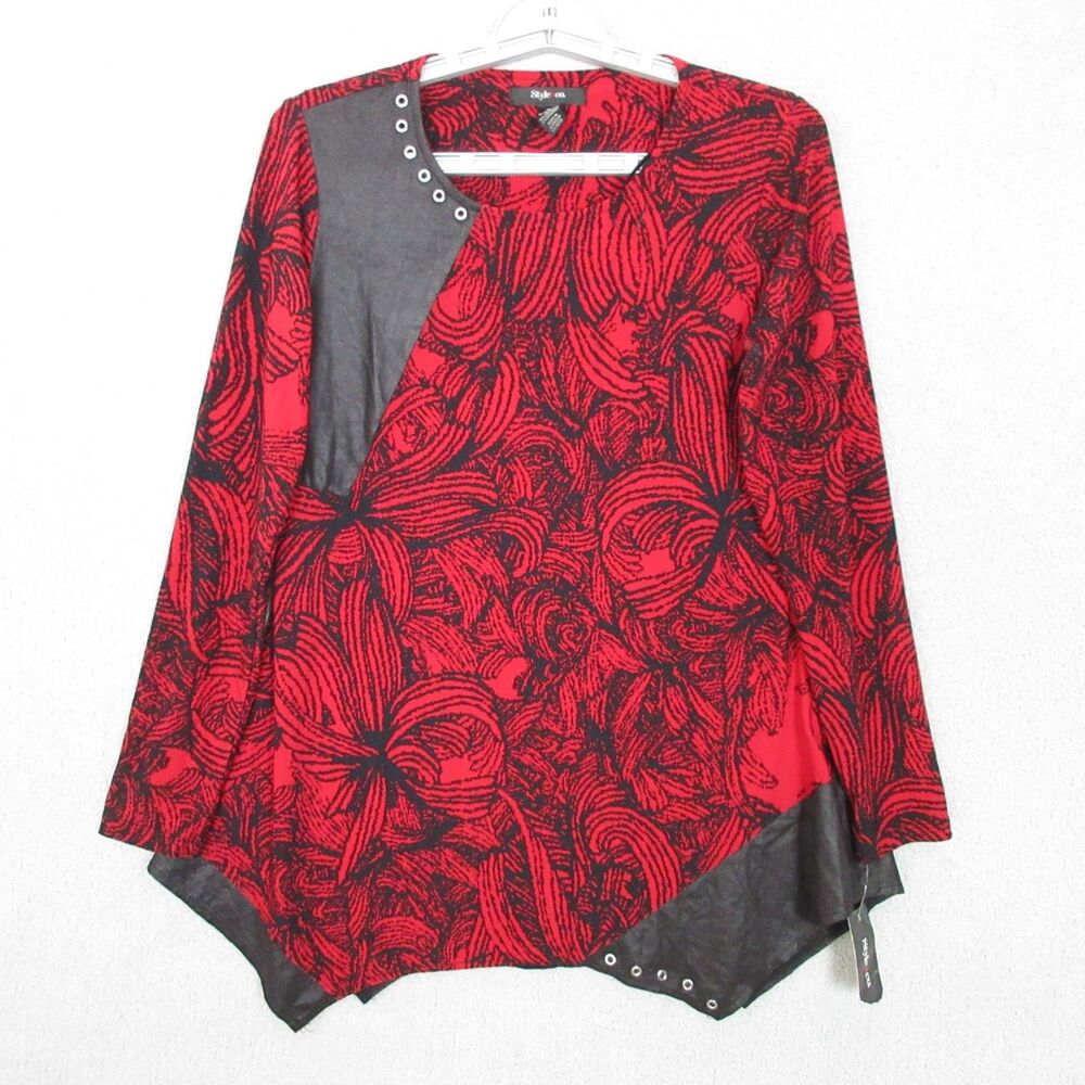 Style&Co Tunic‎ Top Womens XS Red Black Asymmetric Hem Faux Suede Grommet NWT